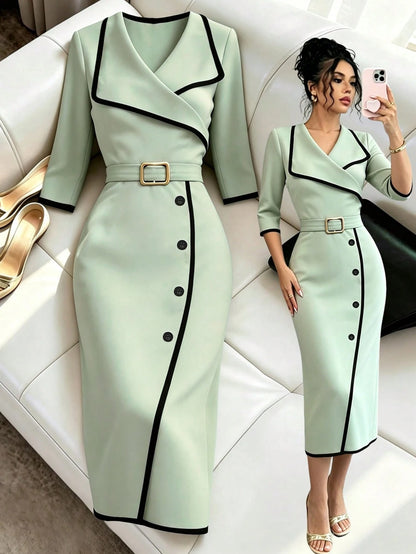 Women's Summer Elegant Romantic V-Neck Light Green Short Sleeve Dress, Contrast Trim, Waist Adjustable Buckle, Black Button Accents, Versatile Commute