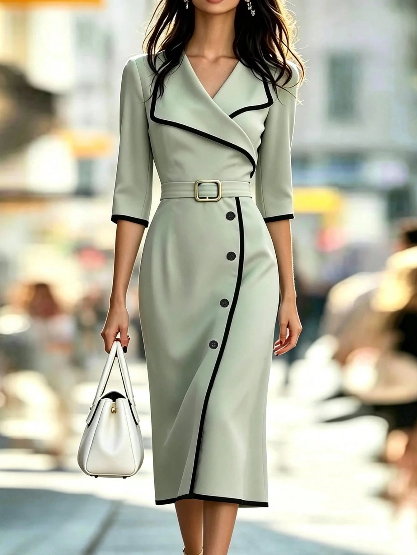 Women's Summer Elegant Romantic V-Neck Light Green Short Sleeve Dress, Contrast Trim, Waist Adjustable Buckle, Black Button Accents, Versatile Commute