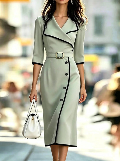 Women's Summer Elegant Romantic V-Neck Light Green Short Sleeve Dress, Contrast Trim, Waist Adjustable Buckle, Black Button Accents, Versatile Commute