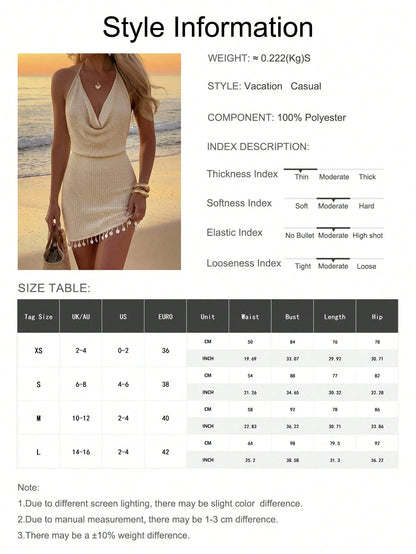 Women's Summer Elegant Sexy Bohemian Hollow Out Sheer Thin V-Neck Tassel Backless Sleeveless Mini Beach Vacation Dress, Vacationcore