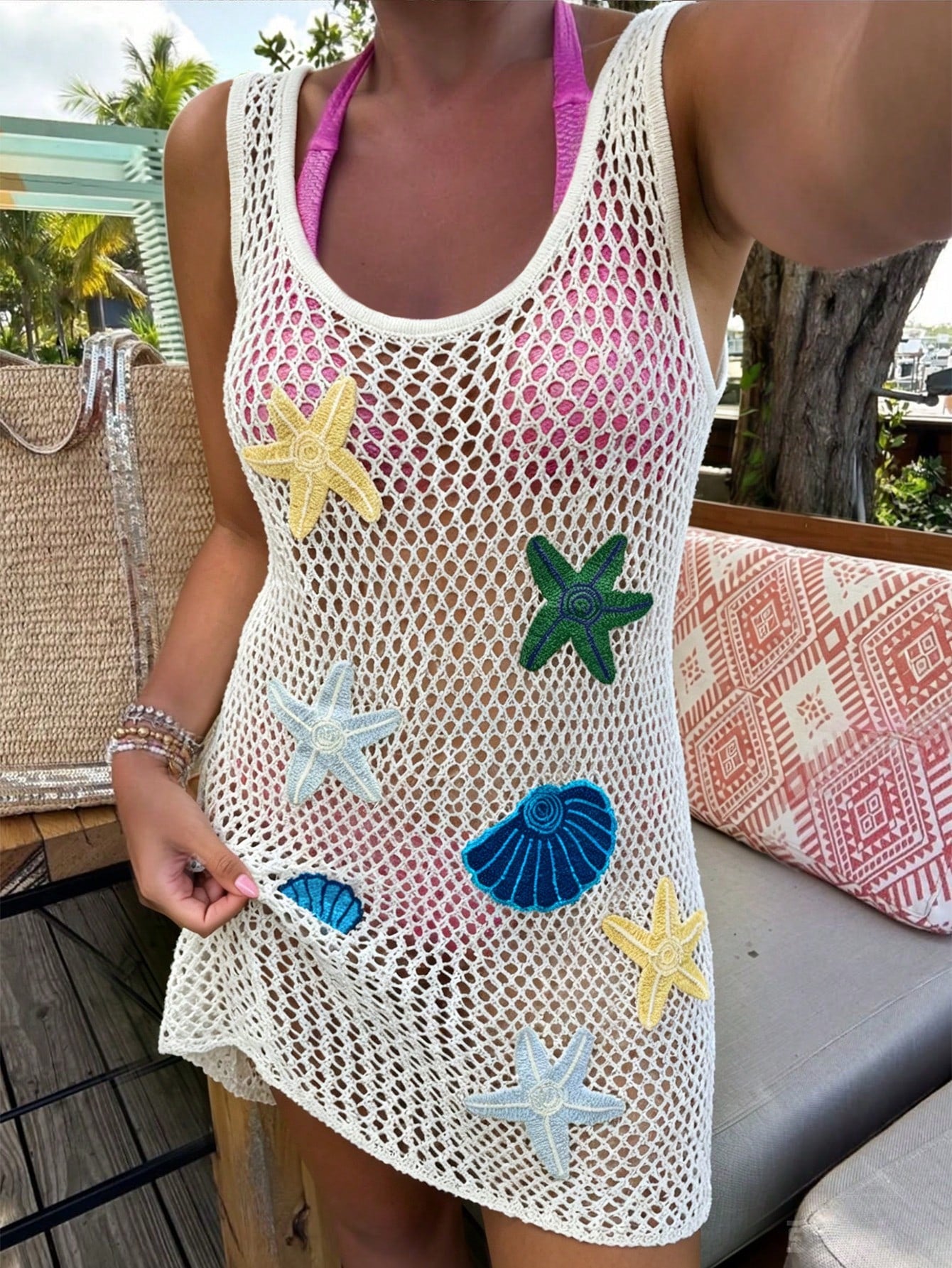 Women's Summer Fashion Elegant Colorblock Beach Cover-Up, Nautical, Sexy Minimalist, Vacation Essential White