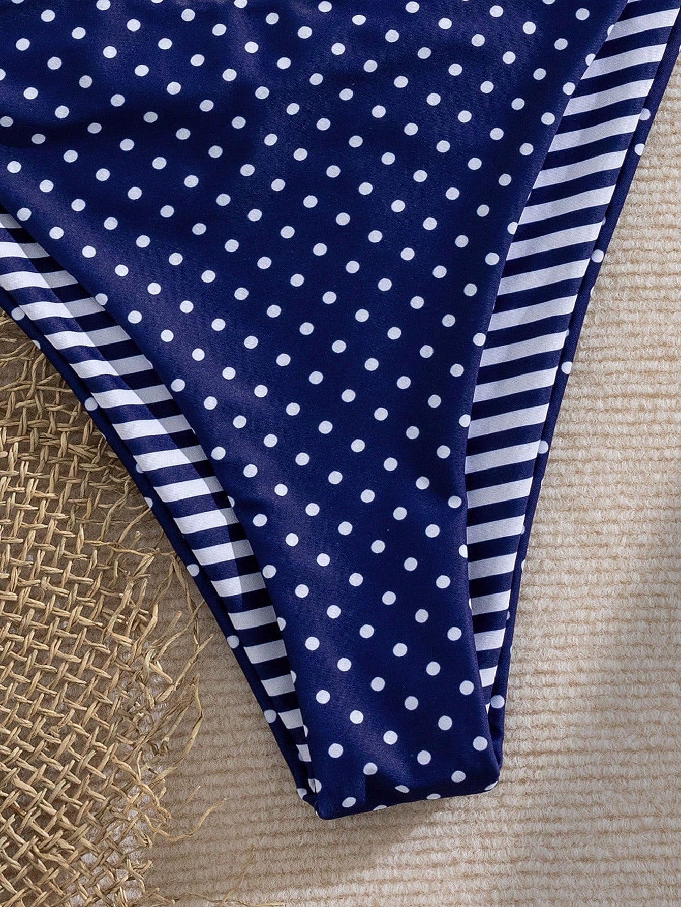 Women's Summer Halter Tie Sexy Polka Dot & Striped Splicing Bikini Swimwear Set, Polka Dot And Striped Dual-Fabric, Halter Tie Backless Women's Swimwear, Casual Resort Elegant Ladies Beach Swimwear, M