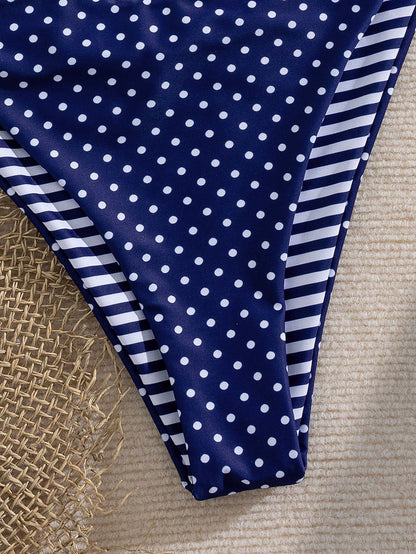 Women's Summer Halter Tie Sexy Polka Dot & Striped Splicing Bikini Swimwear Set, Polka Dot And Striped Dual-Fabric, Halter Tie Backless Women's Swimwear, Casual Resort Elegant Ladies Beach Swimwear, M