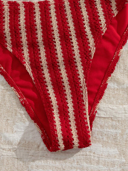 Women's Summer Halter Tie Sexy Textured Mesh Fabric Bikini Swimsuit Set, Halter Tie Backless Women's Swimsuit, Casual Resort Elegant Women's Beach Swimsuit, Made Of High Elastic Fabric Vacation, High