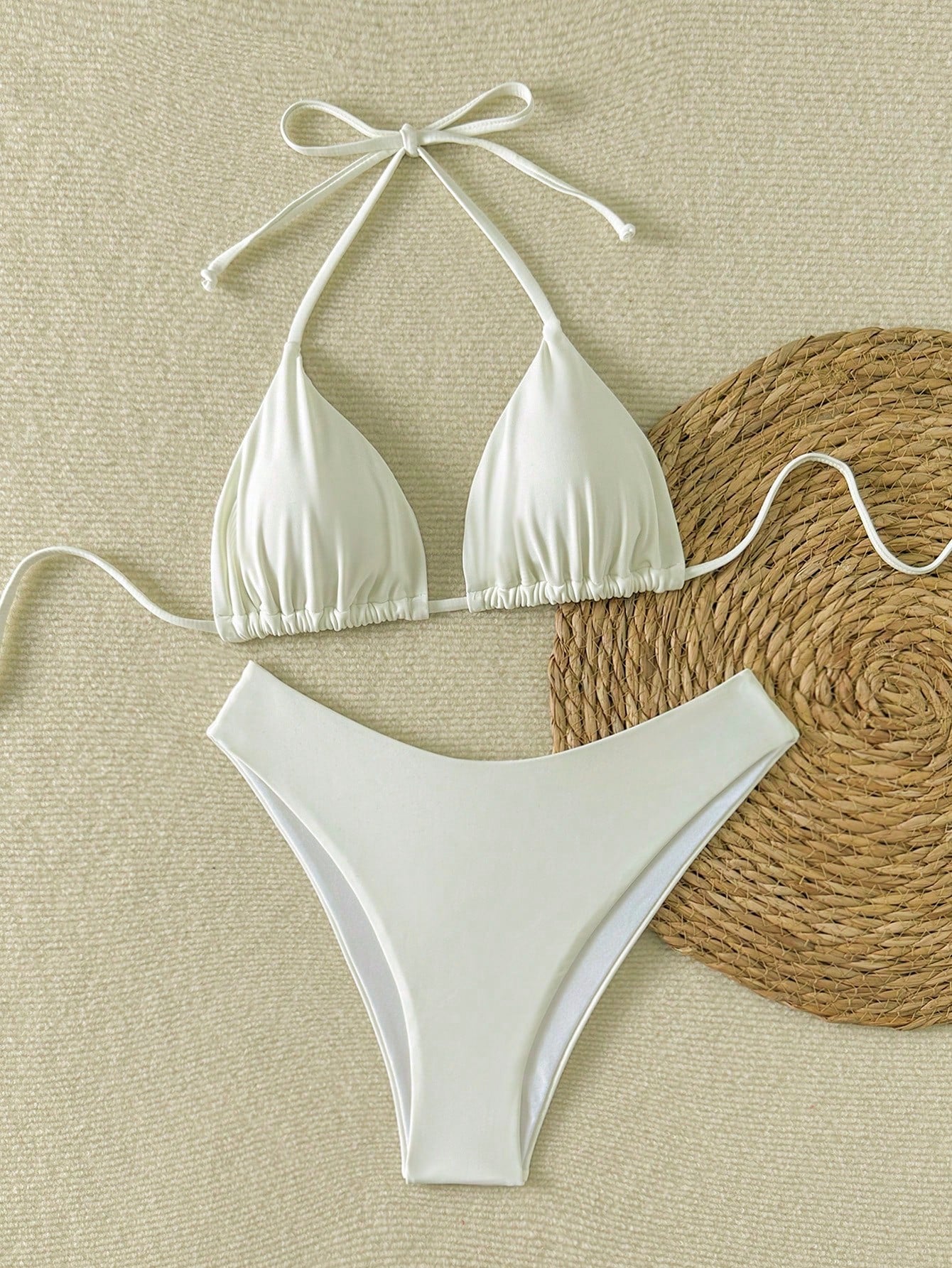 Women's Summer Halter Tie Sexy Textured Mesh Fabric Bikini Swimsuit Set, Halter Tie Backless Women's Swimsuit, Casual Resort Elegant Women's Beach Swimsuit, Made Of High Elastic Fabric Vacation, High