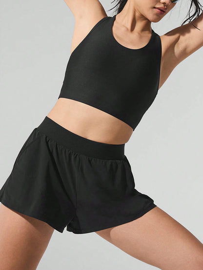 Women's Summer High Waist Lightweight Loose Sports Shorts With Pockets, Outdoor Fitness Casual Versatile Shorts Black