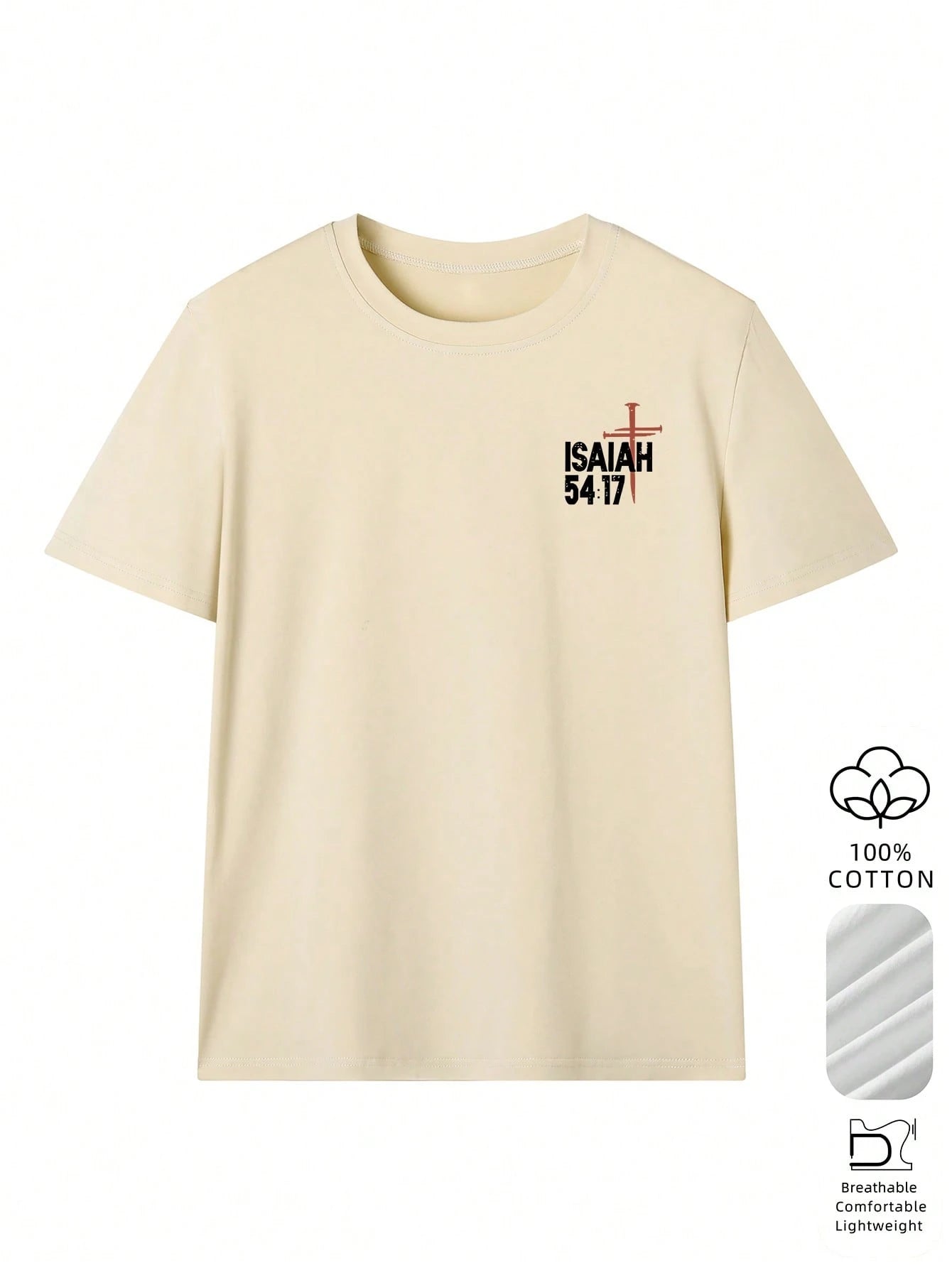 Women'S Summer New Letter & Cross Print Casual Vacation Loose Versatile Round Neck Beige Short Sleeve T-Shirt, Fashionable Everyday Top, Suitable For