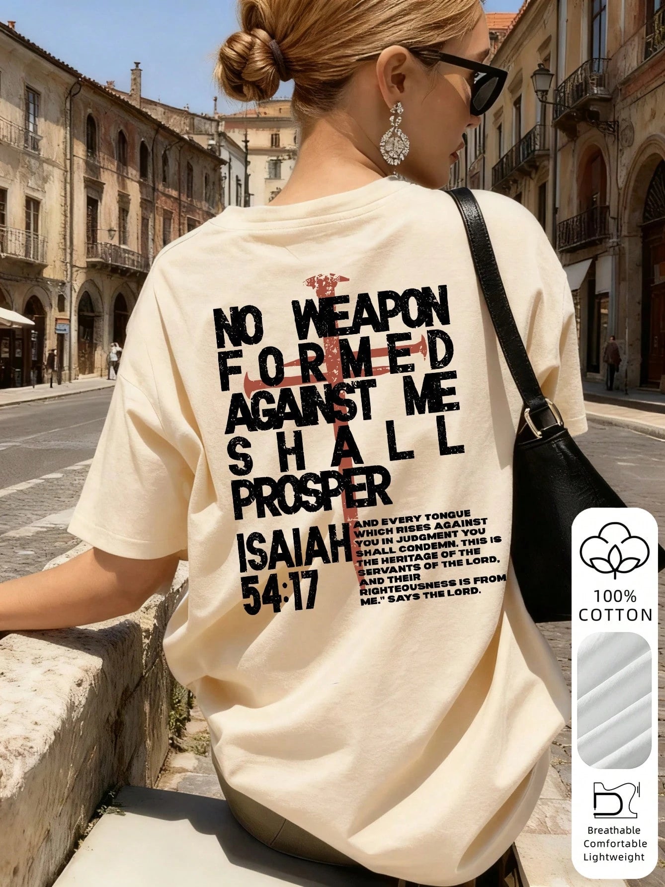 Women'S Summer New Letter & Cross Print Casual Vacation Loose Versatile Round Neck Beige Short Sleeve T-Shirt, Fashionable Everyday Top, Suitable For