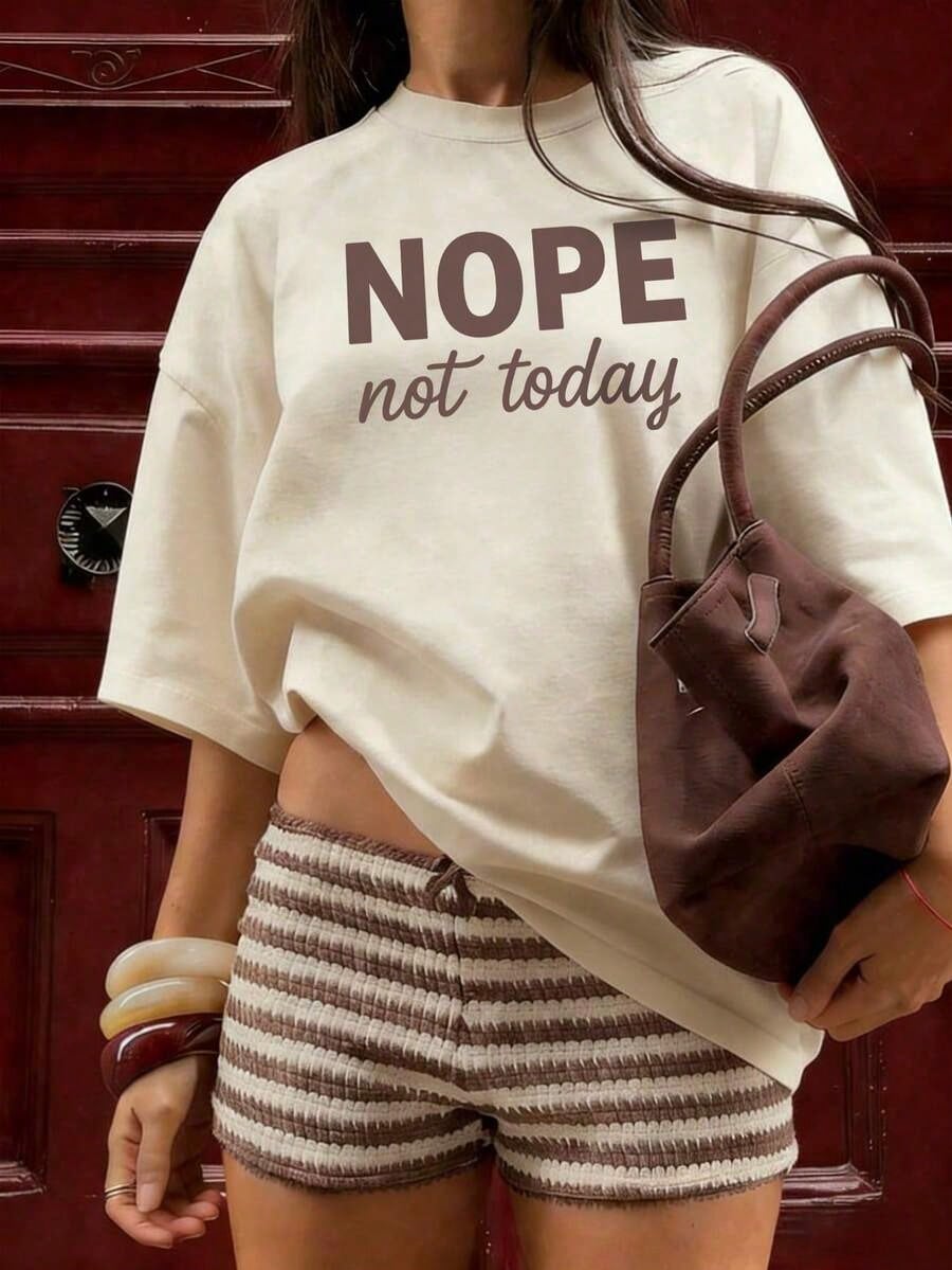 Women's Summer New Simple Slogan Print Casual Vacation Style Loose Fit Round Neck Short Sleeve T-Shirt, Fashionable Everyday Top, Suitable For Daily