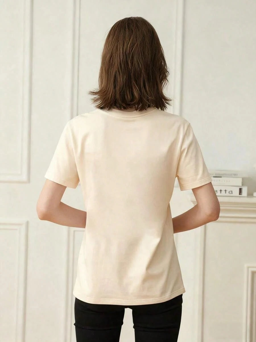 Women's Summer New Simple Slogan Print Casual Vacation Style Loose Fit Round Neck Short Sleeve T-Shirt, Fashionable Everyday Top, Suitable For Daily