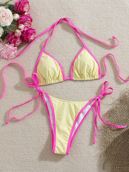 Women's Summer New Solid Color Contrast Bikini Set, Halter Tie Backless Swimwear, High Elastic Fabric, Party/Music Festival Swimwear, Beach Holiday Outfit, Holiday Dress, Women's Festival Dress, Women