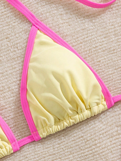 Women's Summer New Solid Color Contrast Bikini Set, Halter Tie Backless Swimwear, High Elastic Fabric, Party/Music Festival Swimwear, Beach Holiday Outfit, Holiday Dress, Women's Festival Dress, Women