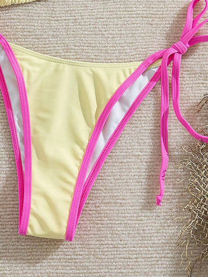 Women's Summer New Solid Color Contrast Bikini Set, Halter Tie Backless Swimwear, High Elastic Fabric, Party/Music Festival Swimwear, Beach Holiday Outfit, Holiday Dress, Women's Festival Dress, Women