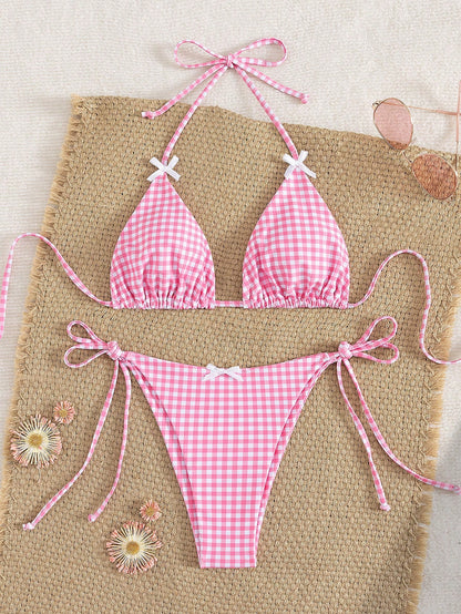 Women's Summer Plaid Print Bikini Set With Bow Back Tie, Two-Piece Swimsuit, Halter Neck, Backless, Casual Vacation Beachwear, Fashionable Sexy Elegant Bikini, Suitable For Beach Holiday, Music Festiv