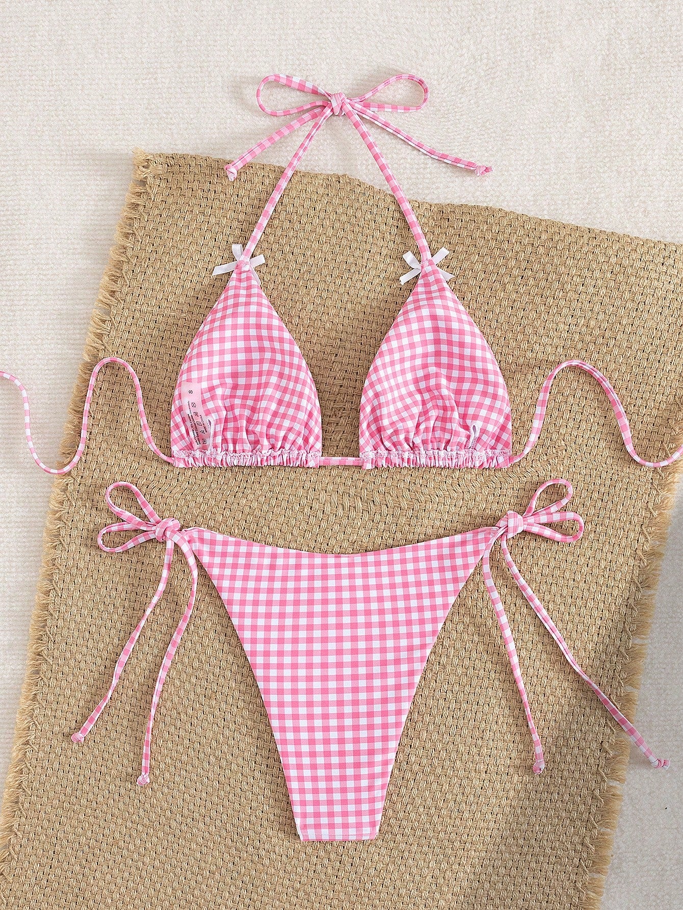 Women's Summer Plaid Print Bikini Set With Bow Back Tie, Two-Piece Swimsuit, Halter Neck, Backless, Casual Vacation Beachwear, Fashionable Sexy Elegant Bikini, Suitable For Beach Holiday, Music Festiv