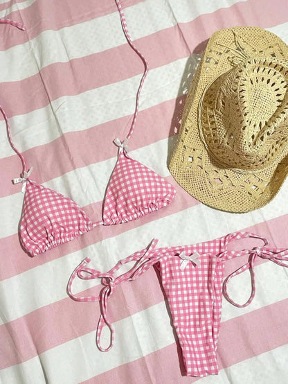 Women's Summer Plaid Print Bikini Set With Bow Back Tie, Two-Piece Swimsuit, Halter Neck, Backless, Casual Vacation Beachwear, Fashionable Sexy Elegant Bikini, Suitable For Beach Holiday, Music Festiv