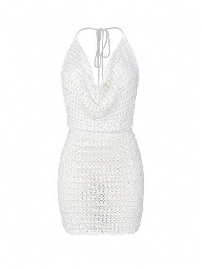 Women's Summer Sheer Hollow-Out Backless Knitted Beach Cover Up Dress, Lightweight & Sexy Vacation White, Resort Wear