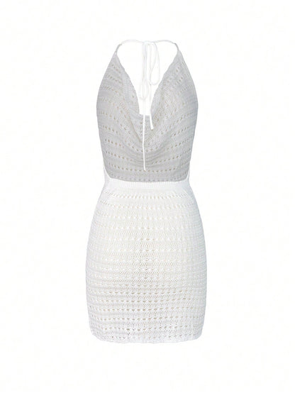 Women's Summer Sheer Hollow-Out Backless Knitted Beach Cover Up Dress, Lightweight & Sexy Vacation White, Resort Wear
