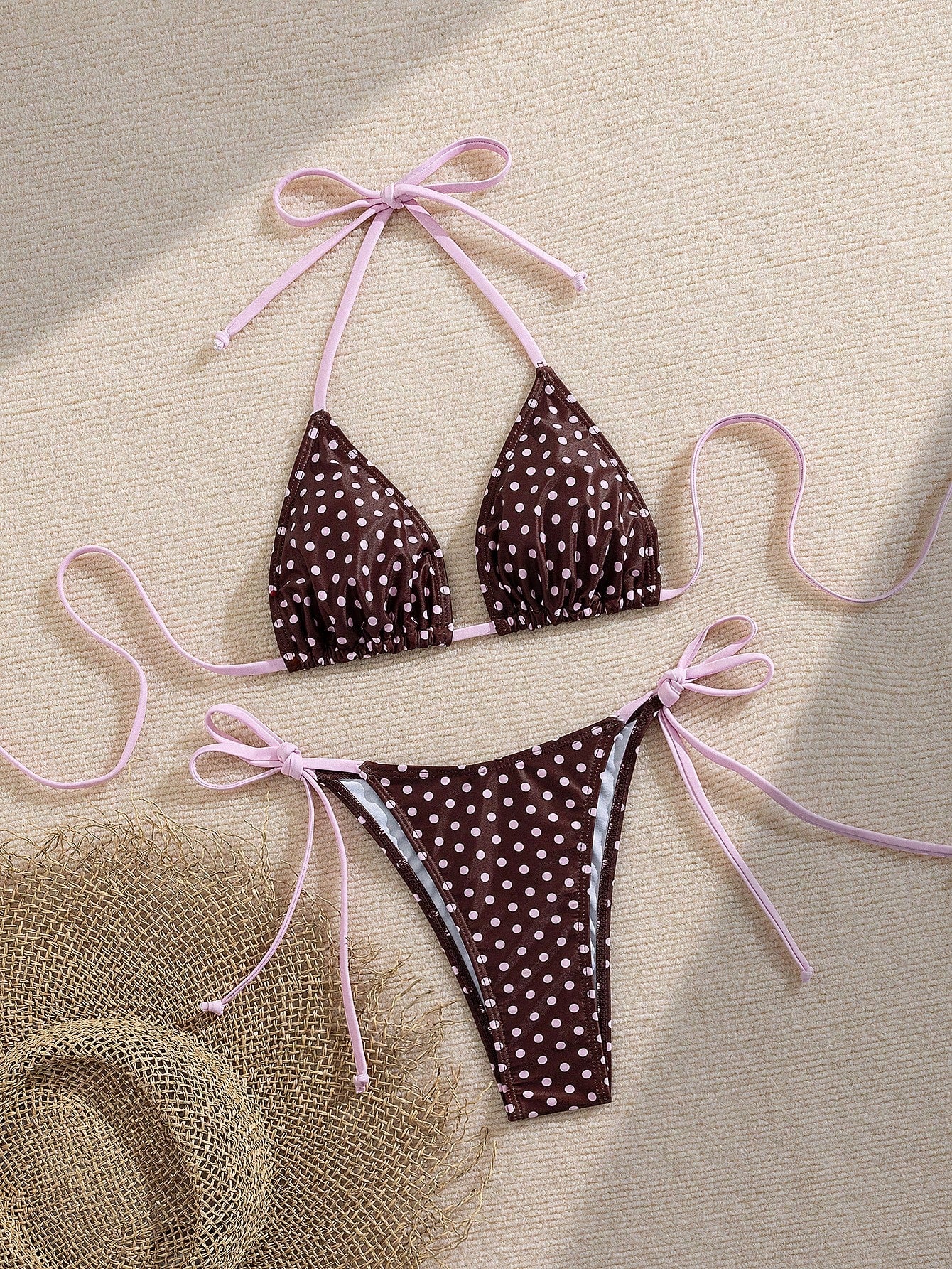 Women's Summer Swimwear, Polka Dot Print Sexy Bikini Set With Halter Neck Tie-Back And Side Tie Bottoms, Made Of Breathable Stretchy Fabric, Suitable For Parties, Music Festivals, Valentine's Day Occa