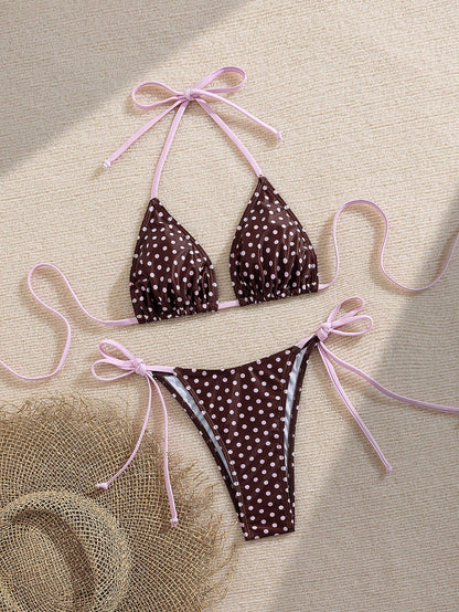 Women's Summer Swimwear, Polka Dot Print Sexy Bikini Set With Halter Neck Tie-Back And Side Tie Bottoms, Made Of Breathable Stretchy Fabric, Suitable For Parties, Music Festivals, Valentine's Day Occa