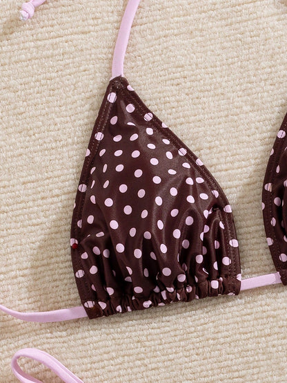 Women's Summer Swimwear, Polka Dot Print Sexy Bikini Set With Halter Neck Tie-Back And Side Tie Bottoms, Made Of Breathable Stretchy Fabric, Suitable For Parties, Music Festivals, Valentine's Day Occa