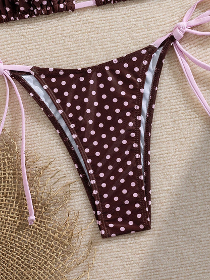 Women's Summer Swimwear, Polka Dot Print Sexy Bikini Set With Halter Neck Tie-Back And Side Tie Bottoms, Made Of Breathable Stretchy Fabric, Suitable For Parties, Music Festivals, Valentine's Day Occa