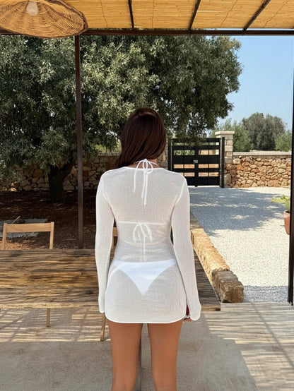 Women's Summer Vacation Dress, White Sheer Knit Long Sleeve Deep V-Neck Short Cover Up, Sexy Medium Stretch Beach Swimsuit Cover-Up, Suitable For Spring/Summer Daily Commute