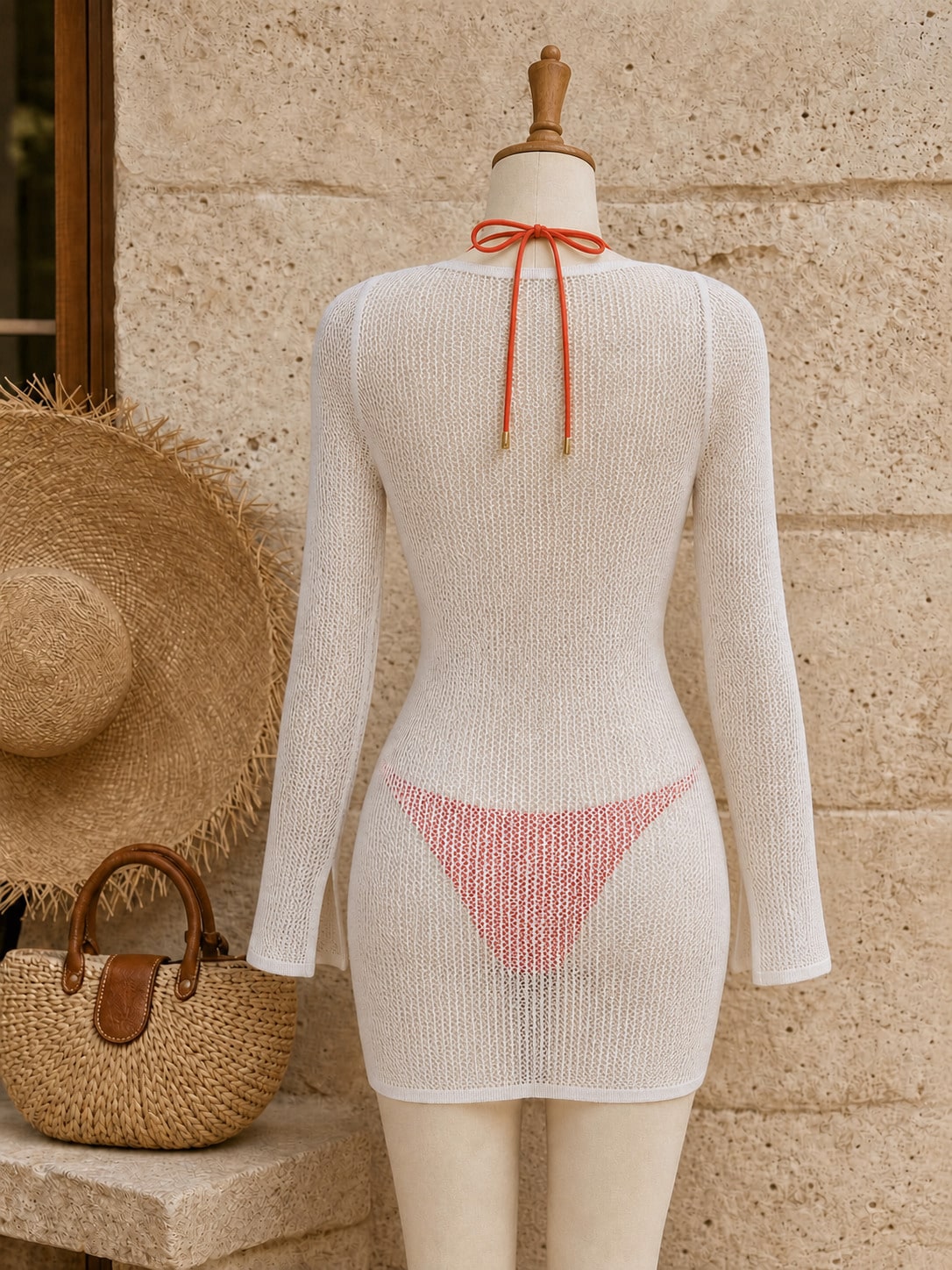 Women's Summer Vacation Dress, White Sheer Knit Long Sleeve Deep V-Neck Short Cover Up, Sexy Medium Stretch Beach Swimsuit Cover-Up, Suitable For Spring/Summer Daily Commute