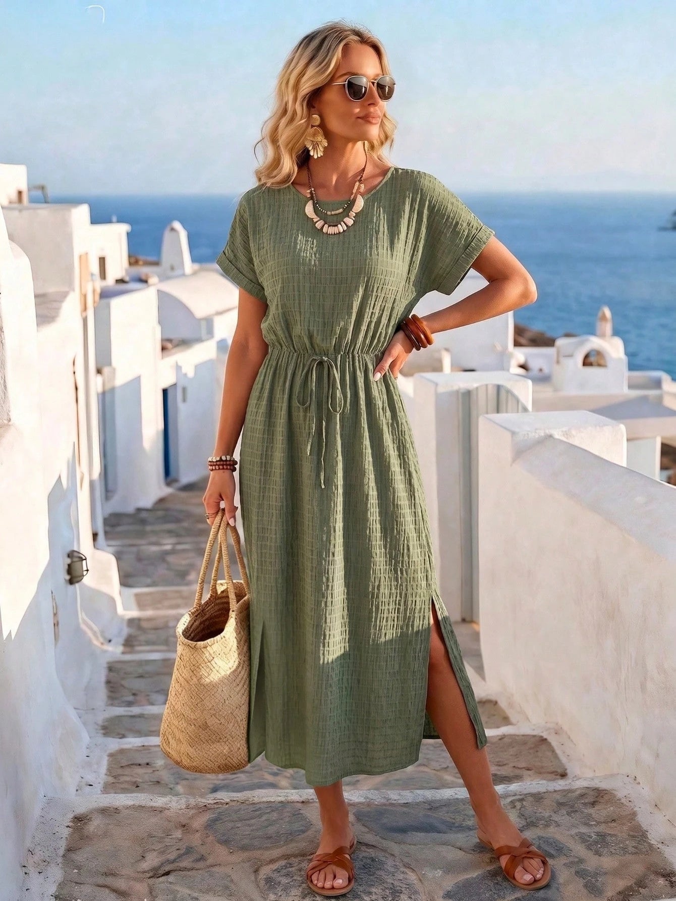 Women's Summer Vacation Olive Green Vertical Striped Textured Round Neck Cinched Waist Cinched Waist Double Side Slit Long Sleeve Dress, Women's Vacation Outfit, Women's Elegant Dress, June Festival W