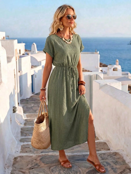 Women's Summer Vacation Olive Green Vertical Striped Textured Round Neck Cinched Waist Cinched Waist Double Side Slit Long Sleeve Dress, Women's Vacation Outfit, Women's Elegant Dress, June Festival W