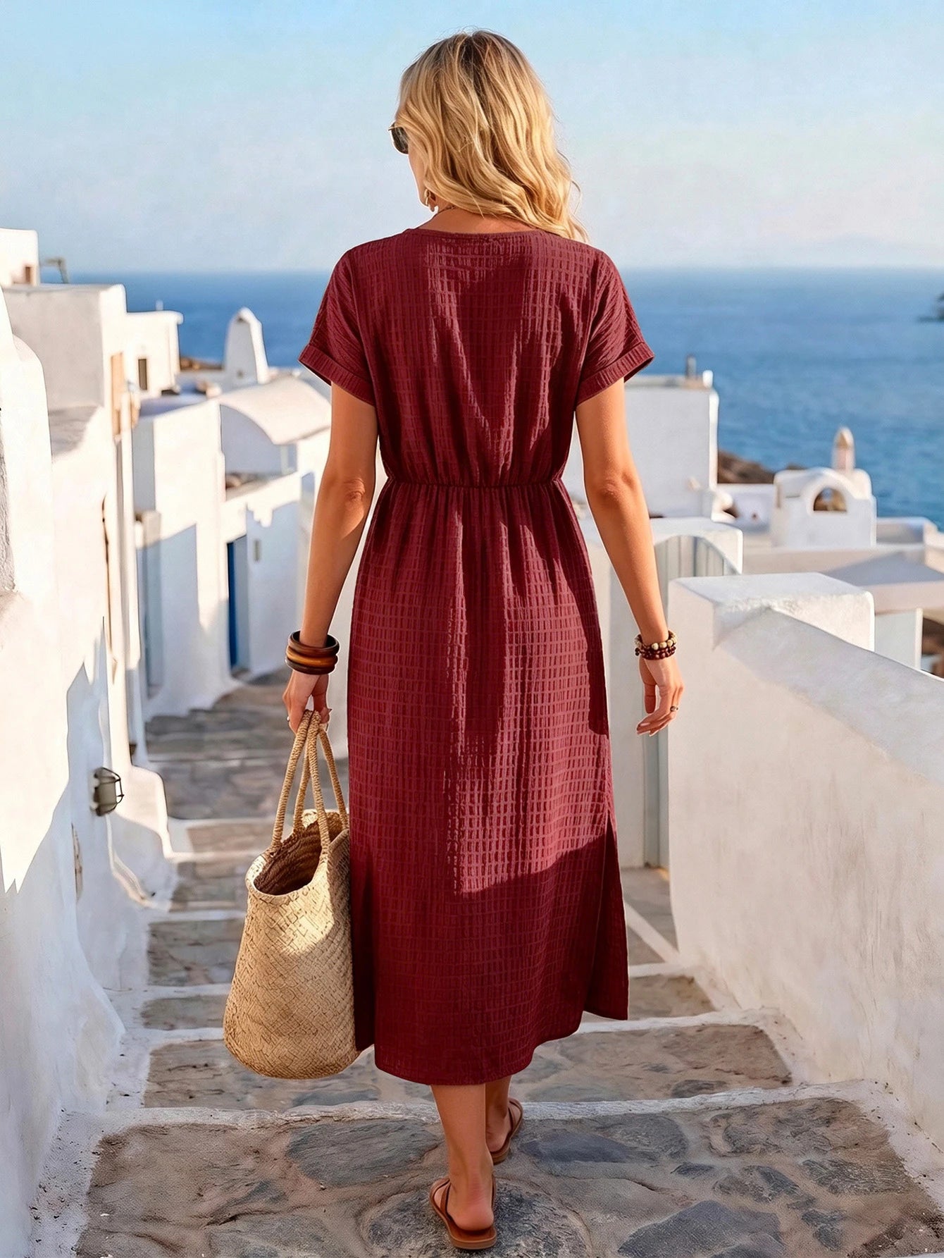 Women's Summer Vacation Olive Green Vertical Striped Textured Round Neck Cinched Waist Cinched Waist Double Side Slit Long Sleeve Dress, Women's Vacation Outfit, Women's Elegant Dress, June Festival W