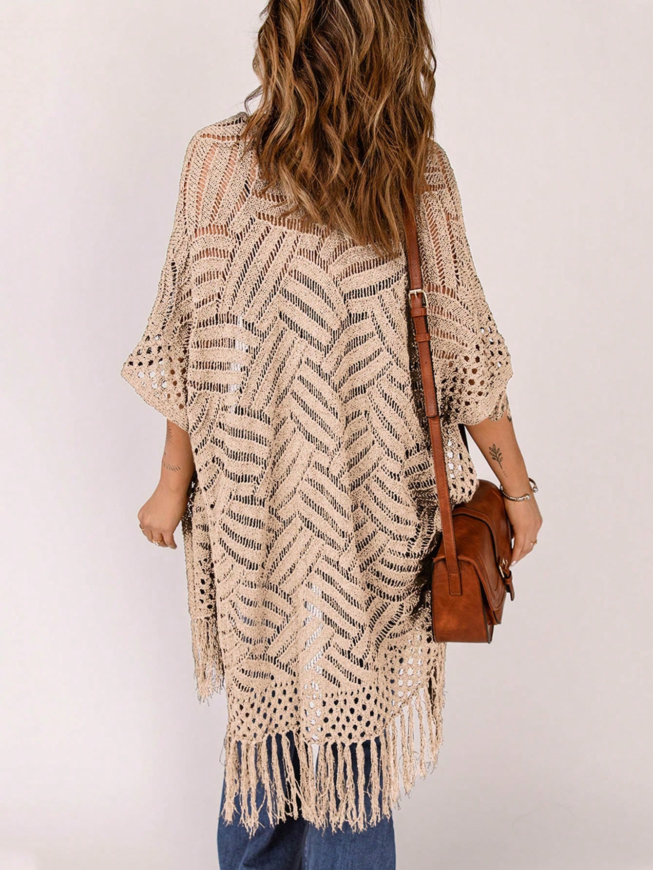 Women's Summer Vacation Solid Color Hollow Knit Tassel Hem Kimono Cover Up Casual Beach