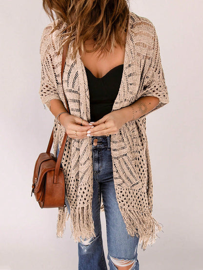 Women's Summer Vacation Solid Color Hollow Knit Tassel Hem Kimono Cover Up Casual Beach