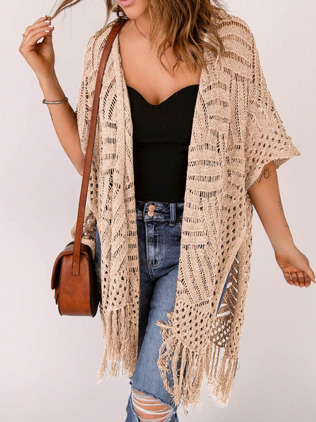 Women's Summer Vacation Solid Color Hollow Knit Tassel Hem Kimono Cover Up Casual Beach