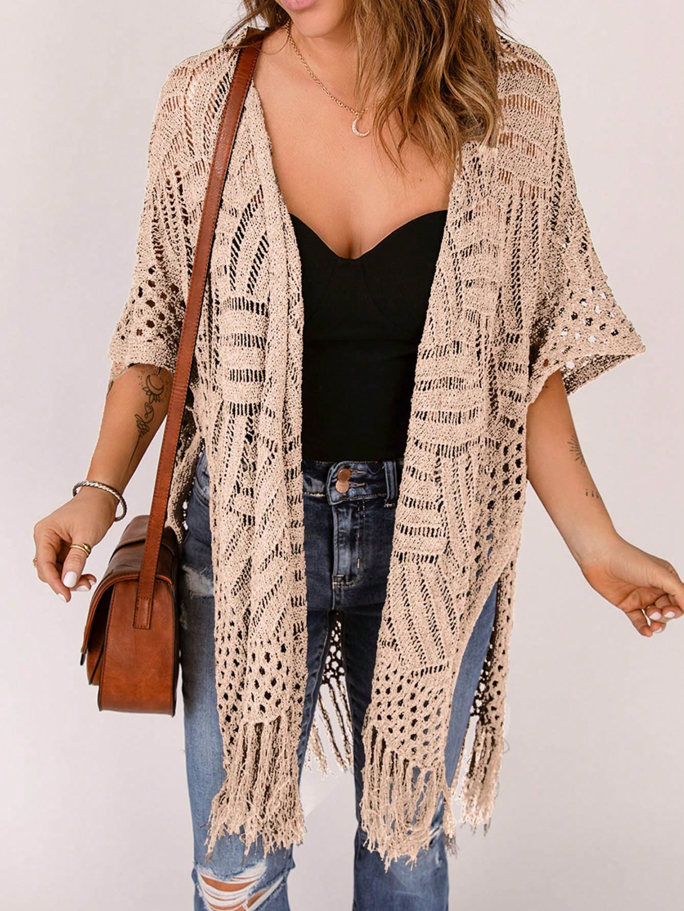 Women's Summer Vacation Solid Color Hollow Knit Tassel Hem Kimono Cover Up Casual Beach