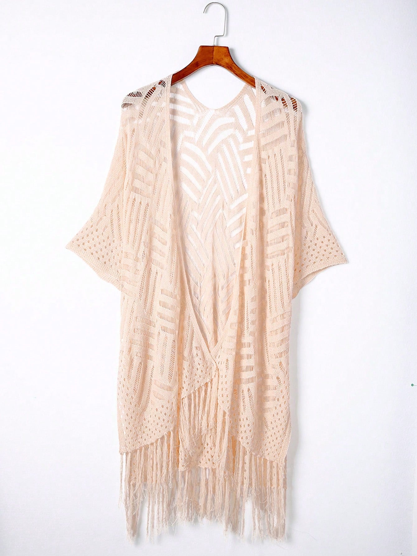 Women's Summer Vacation Solid Color Hollow Knit Tassel Hem Kimono Cover Up Casual Beach