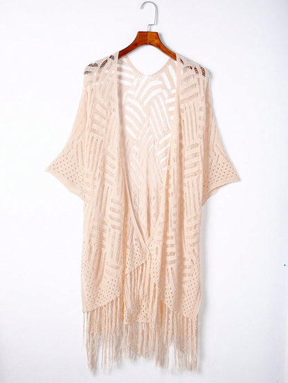 Women's Summer Vacation Solid Color Hollow Knit Tassel Hem Kimono Cover Up Casual Beach