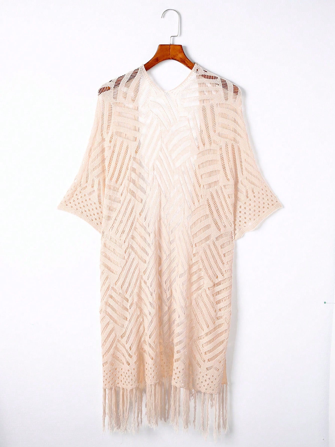 Women's Summer Vacation Solid Color Hollow Knit Tassel Hem Kimono Cover Up Casual Beach