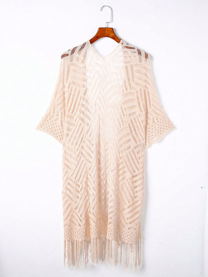 Women's Summer Vacation Solid Color Hollow Knit Tassel Hem Kimono Cover Up Casual Beach