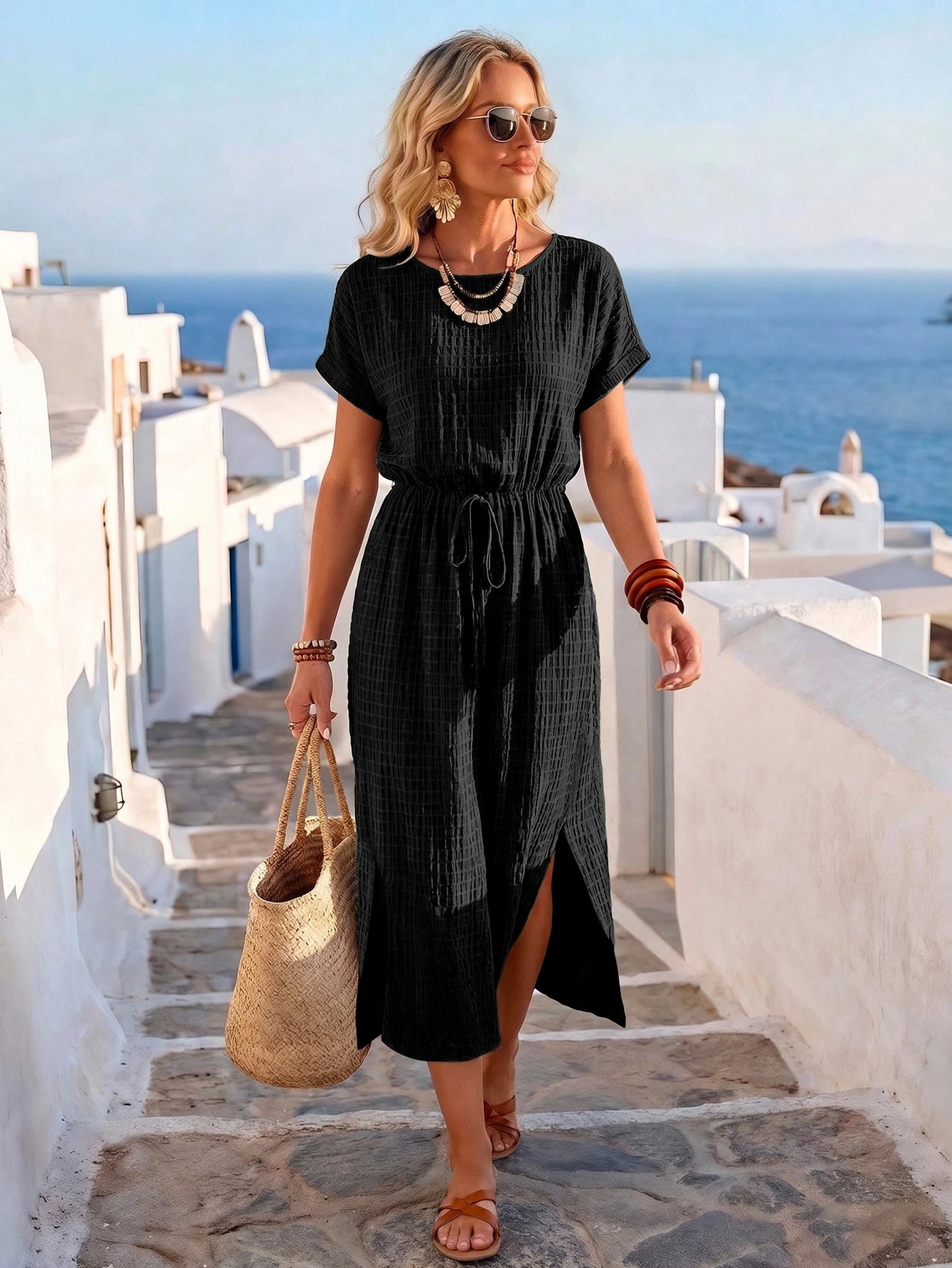 Women's Summer Vacation Style Black Vertical Stripe Plaid Textured Round Neck Cinched Waist Double Side Slit Short Sleeve Dress, Women's Vacation Outfit, Women's Elegant Dress, June Festival Clothing