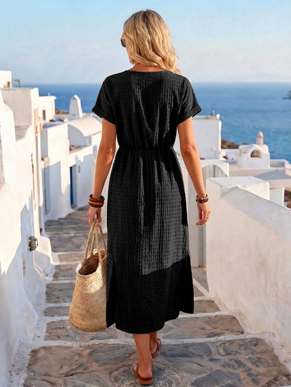 Women's Summer Vacation Style Black Vertical Stripe Plaid Textured Round Neck Cinched Waist Double Side Slit Short Sleeve Dress, Women's Vacation Outfit, Women's Elegant Dress, June Festival Clothing