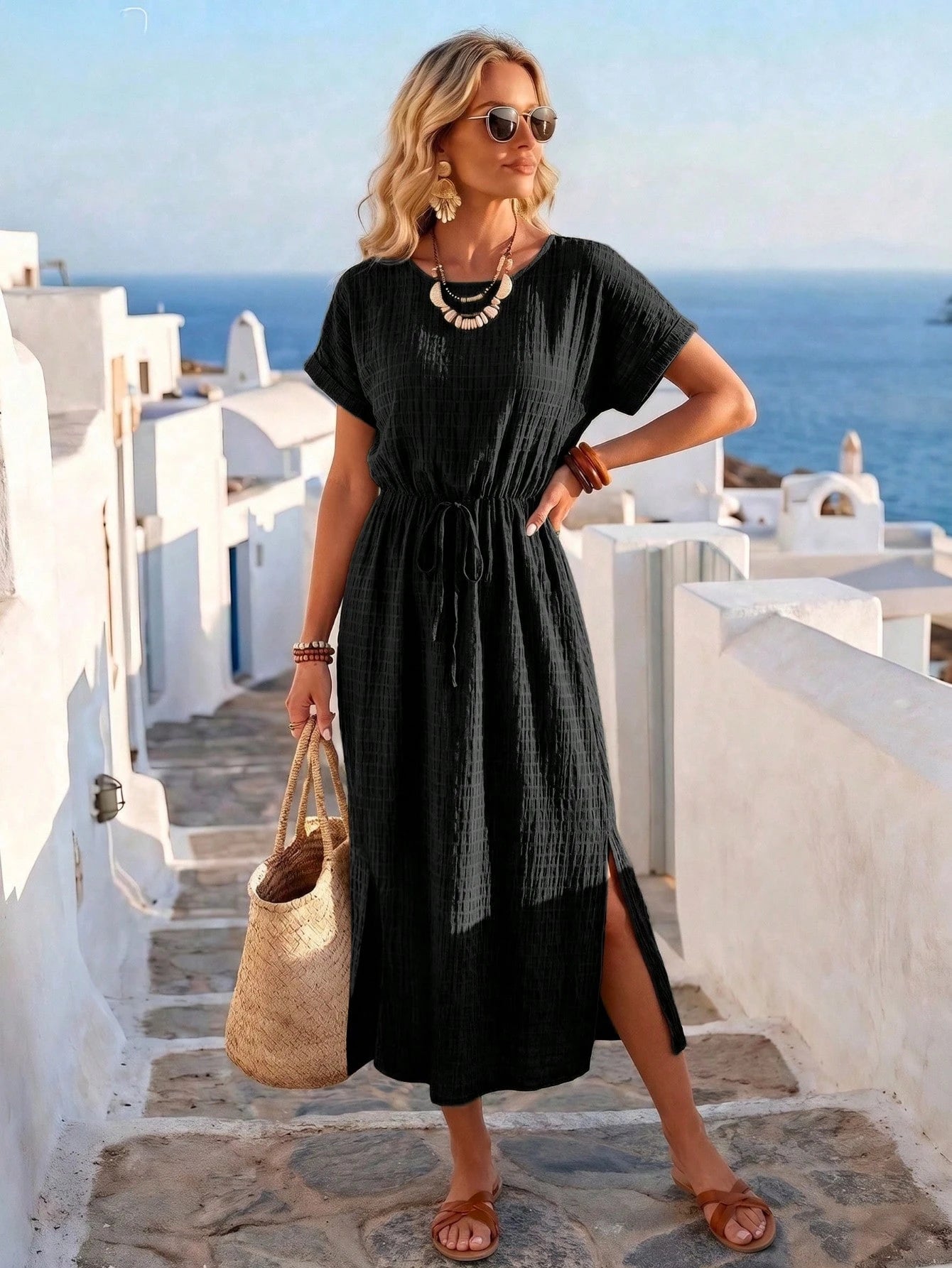 Women's Summer Vacation Style Black Vertical Stripe Plaid Textured Round Neck Cinched Waist Double Side Slit Short Sleeve Dress, Women's Vacation Outfit, Women's Elegant Dress, June Festival Clothing