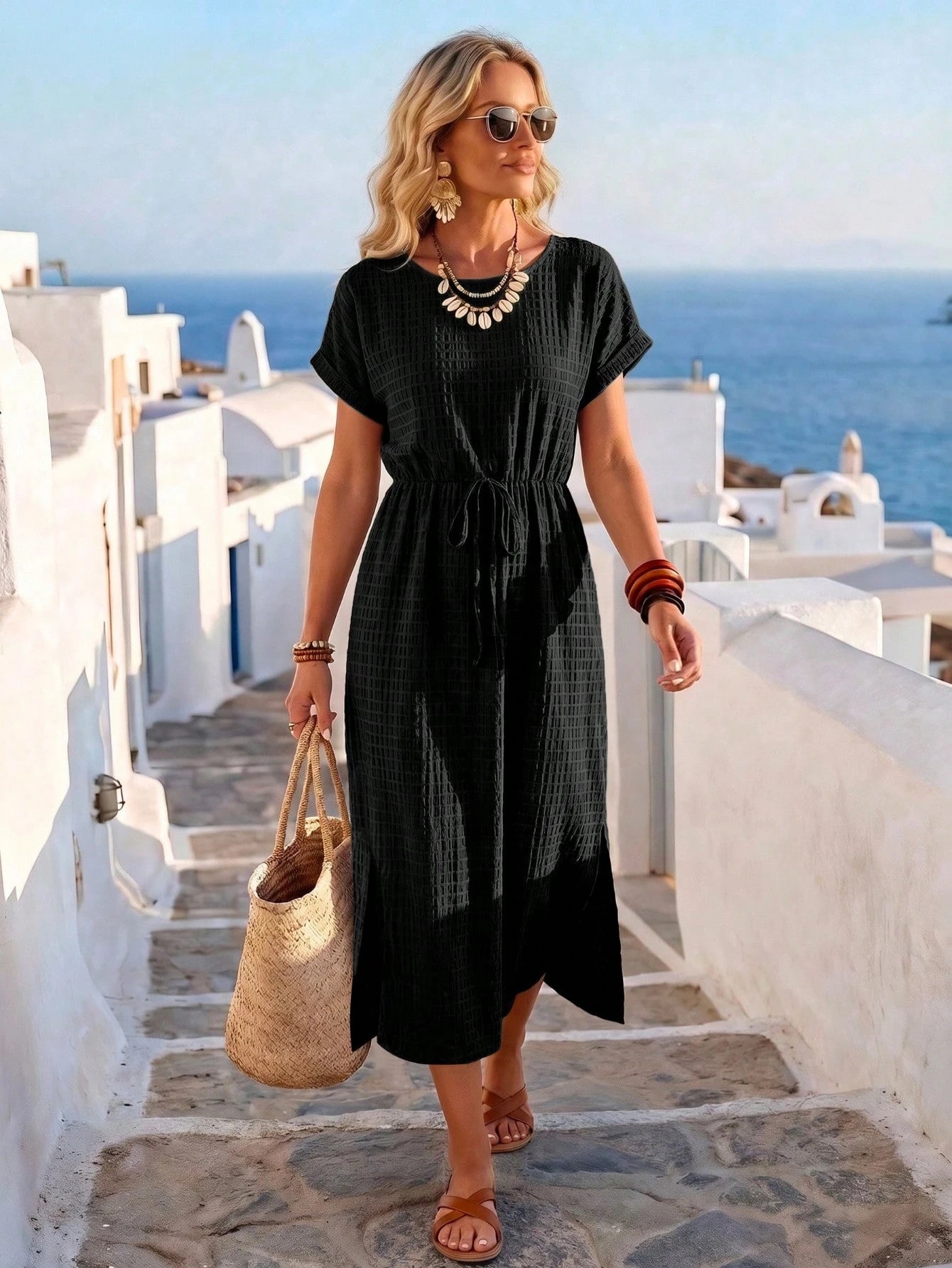 Women's Summer Vacation Style Black Vertical Stripe Plaid Textured Round Neck Cinched Waist Double Side Slit Short Sleeve Dress, Women's Vacation Outfit, Women's Elegant Dress, June Festival Clothing