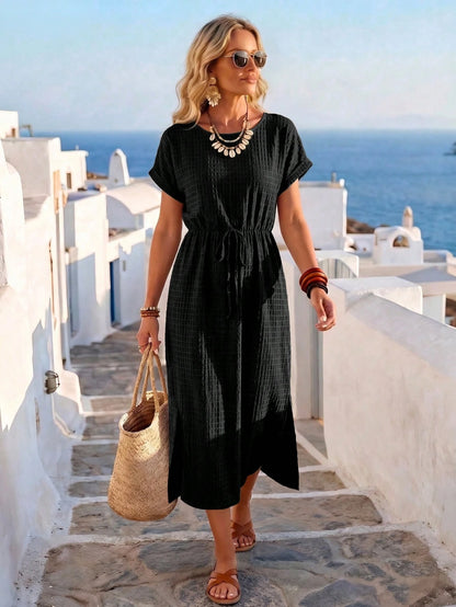 Women's Summer Vacation Style Black Vertical Stripe Plaid Textured Round Neck Cinched Waist Double Side Slit Short Sleeve Dress, Women's Vacation Outfit, Women's Elegant Dress, June Festival Clothing