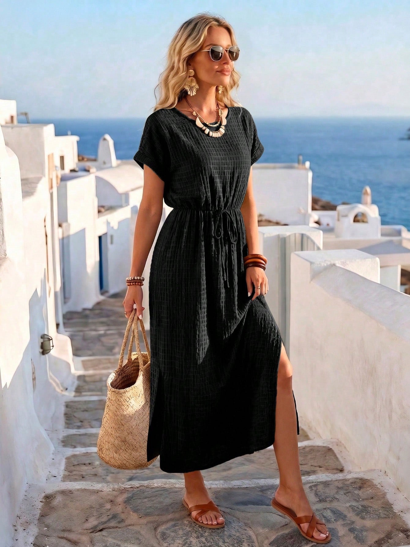 Women's Summer Vacation Style Black Vertical Stripe Plaid Textured Round Neck Cinched Waist Double Side Slit Short Sleeve Dress, Women's Vacation Outfit, Women's Elegant Dress, June Festival Clothing