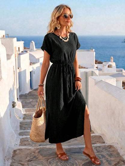Women's Summer Vacation Style Black Vertical Stripe Plaid Textured Round Neck Cinched Waist Double Side Slit Short Sleeve Dress, Women's Vacation Outfit, Women's Elegant Dress, June Festival Clothing