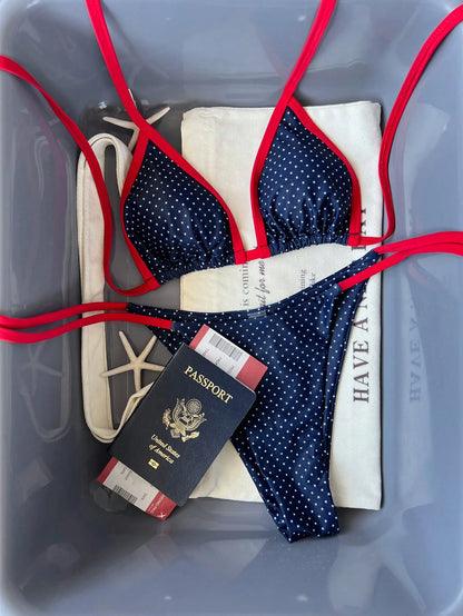 Women's Summer Vacation Swimwear Set, Polka Dot Camisole Top Paired With Tie-Front Bikini Bottoms, Sweet Girl Style Bikini Set Beach, Vintage Look