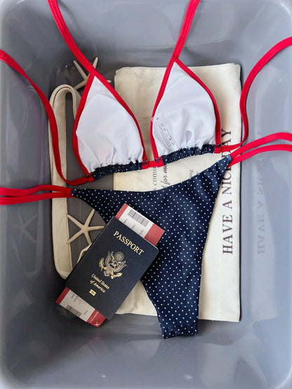 Women's Summer Vacation Swimwear Set, Polka Dot Camisole Top Paired With Tie-Front Bikini Bottoms, Sweet Girl Style Bikini Set Beach, Vintage Look