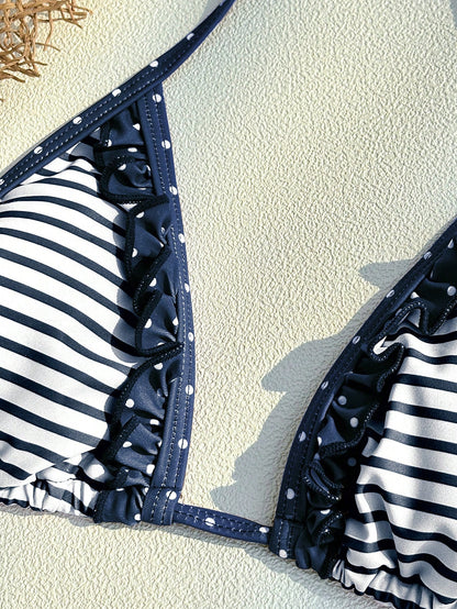 Women's Swimwear Bikini, Casual Patterned Striped Polka Dot Beach Outfit, Brown Fashionable Outerwear/Fitness Wear/Casual/Y2K/2000s/Y2K Style/Elegant/Retro/Streetwear/Vacation/Music Festival Pool Part
