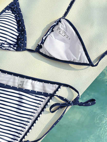 Women's Swimwear Bikini, Casual Patterned Striped Polka Dot Beach Outfit, Brown Fashionable Outerwear/Fitness Wear/Casual/Y2K/2000s/Y2K Style/Elegant/Retro/Streetwear/Vacation/Music Festival Pool Part
